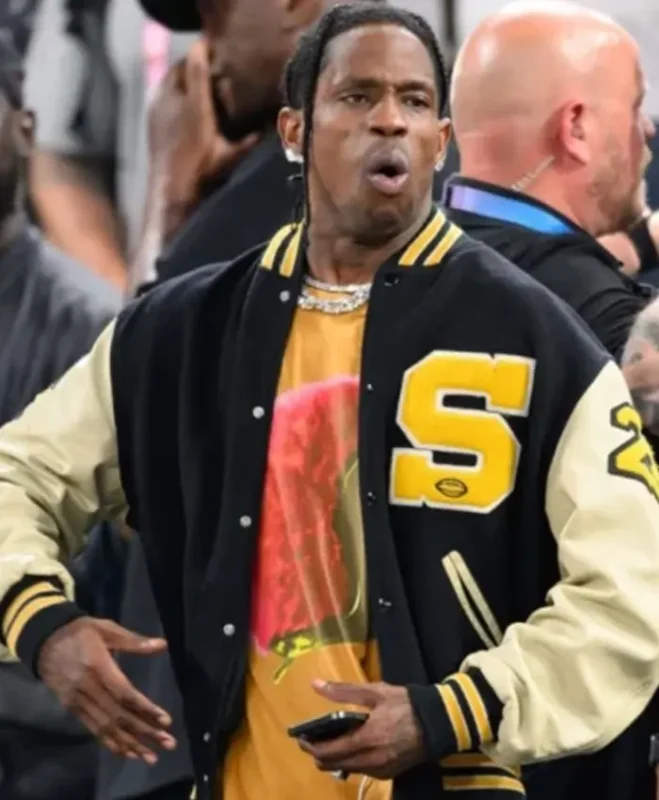 Paris Olympics 2024 Travis Scott Black and Off White Varsity Jacket