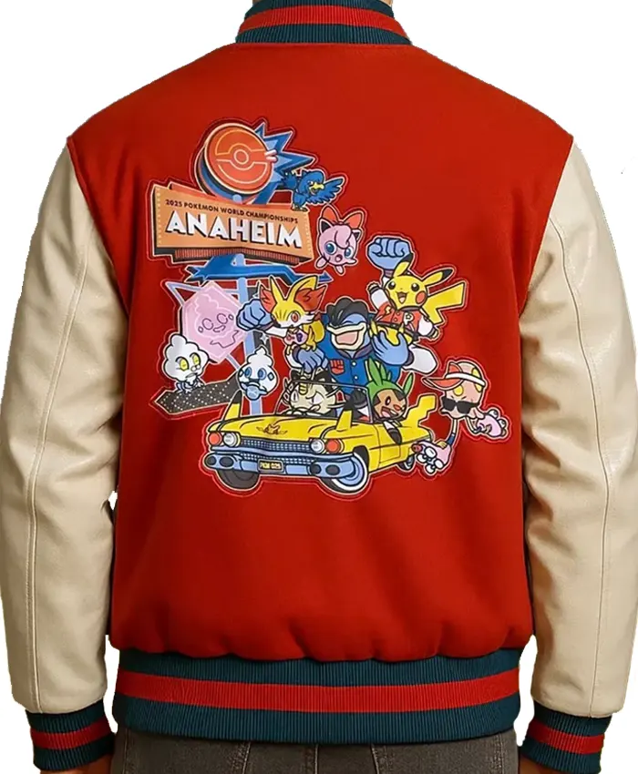 Pokémon World Championships 2025 Anaheim Red and Beige Varsity Jacket