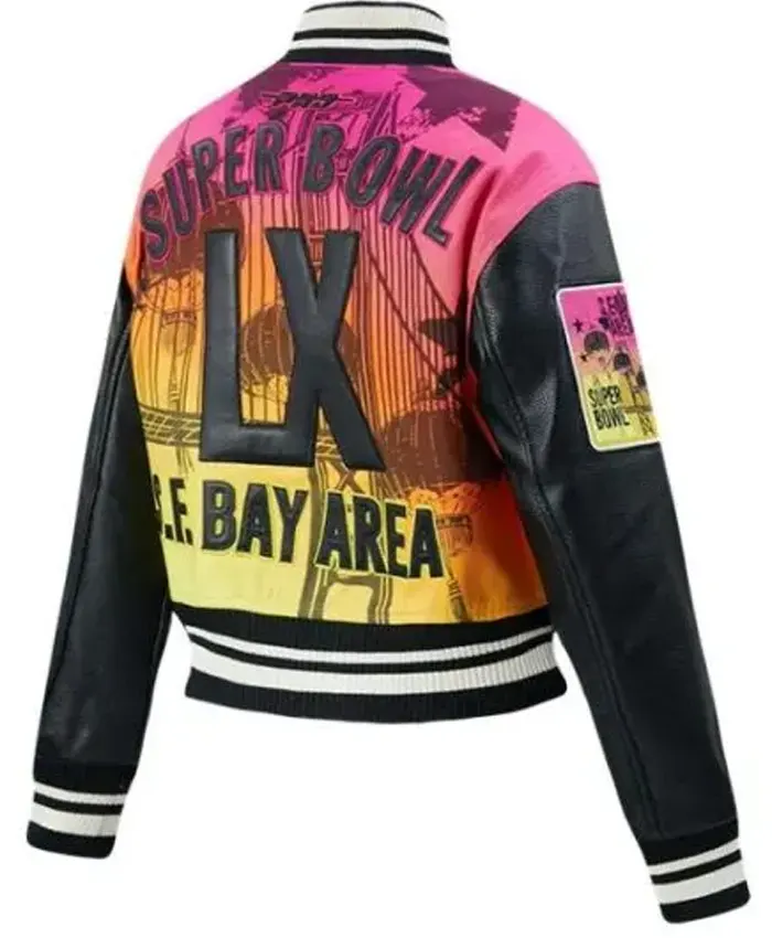 Pro Football Super Bowl LX Bay Area Black and White Varsity Jacket with Multicolor Back for Women