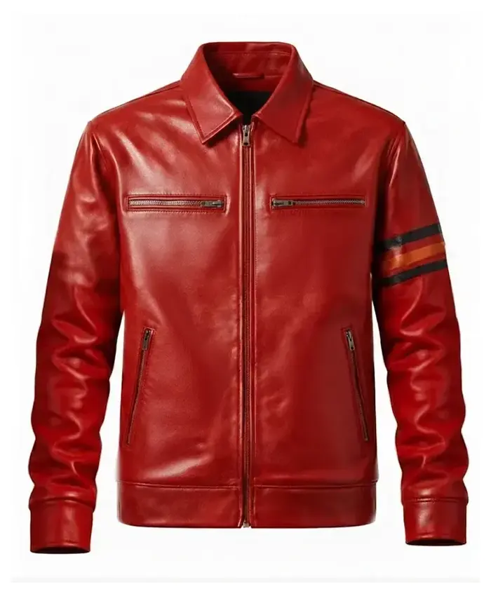 Red Striped Cafe Racer Leather Jacket