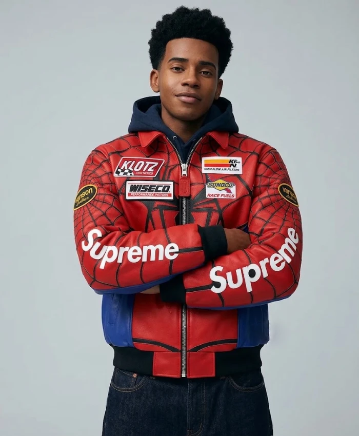Supreme Spider-Man red and black leather jacket