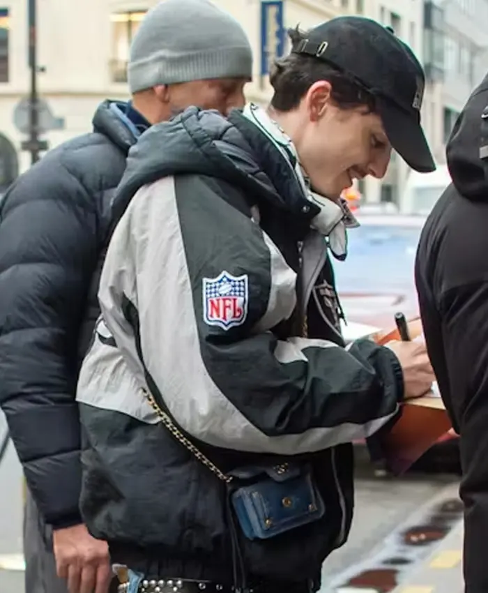 Shop Paris Timothée Chalamet Pro Football Raiders Hooded Jacket