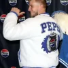 Shop Tyler Shough Pepsi Rookie Of The Year Royal Blue Detailing and Yeti Back Graphic White Sherpa Fleece Varsity Jacket For Sale