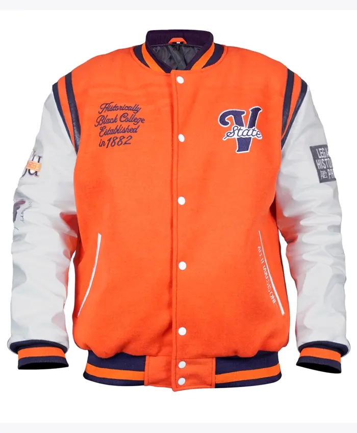 Shop Virginia State University Motto 2.0 Orange and White Varsity Jacket