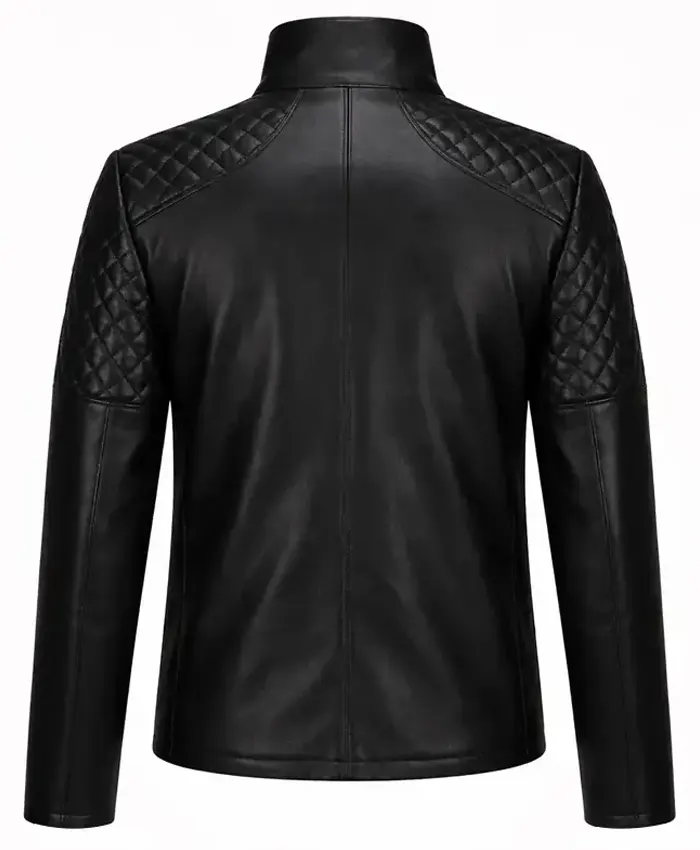Slim Fit Quilted Shoulder Black Leather Motorcycle Jacket