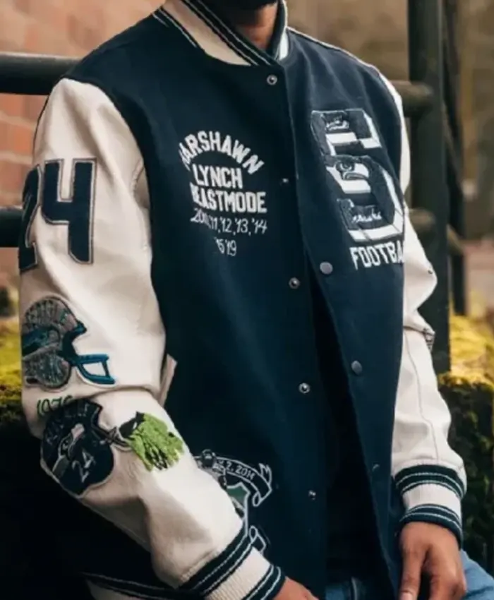 Super Bowl LX Beastmode Seattle Seahawks Blue and White Jacket