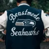 Super Bowl LX Beastmode Seattle Seahawks Blue and White Varsity Jacket