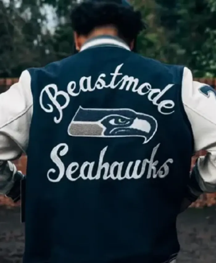 Super Bowl LX Beastmode Seattle Seahawks Blue and White Varsity Jacket