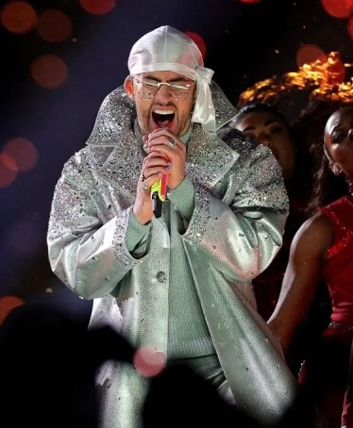 Superbowl Bad Bunny Silver Leather Embellished Coat