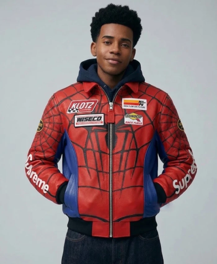 Red and black Spider-Man leather jacket inspired by Supreme SS26 streetwear