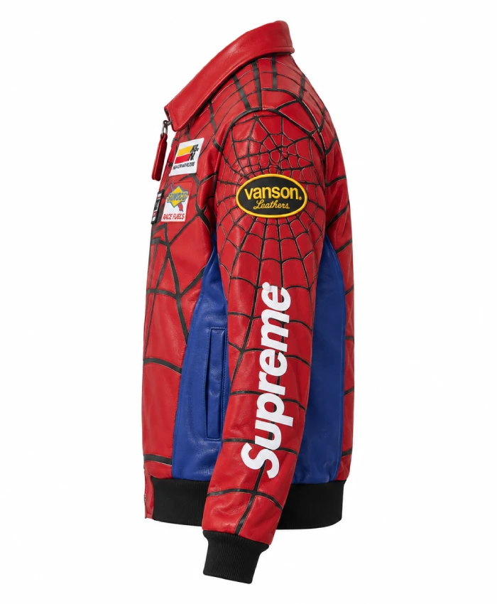 Supreme x Vanson Spider-Man leather bomber jacket with bold web detailing