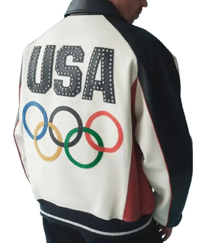 Team USA Olympics 2026 White Leather Bomber Jacket For Sale
