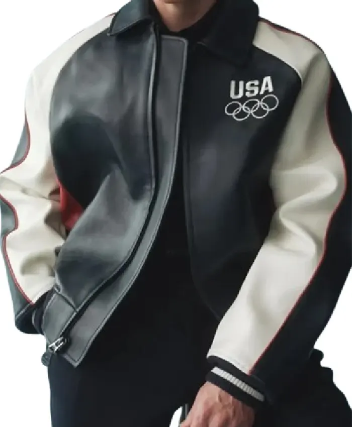 Team USA Olympics 2026 White Leather Bomber Jacket