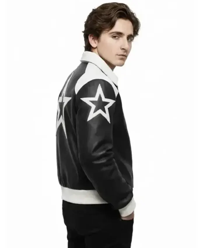 Timothée Chalamet Marty Supreme Black and White Star Leather Jacket