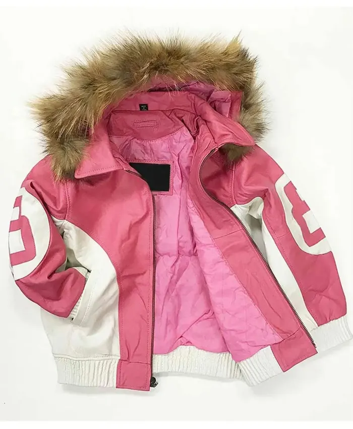 8 Ball White and Pink Leather Jacket with Hood
