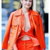 Gigi Hadid Fashion Week Orange Leather Coat Front