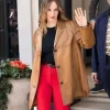 Maya Hawke Milan Fashion Week Brown Leather Coat