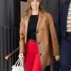 Maya Hawke Milan Fashion Week Brown Leather Coat Front