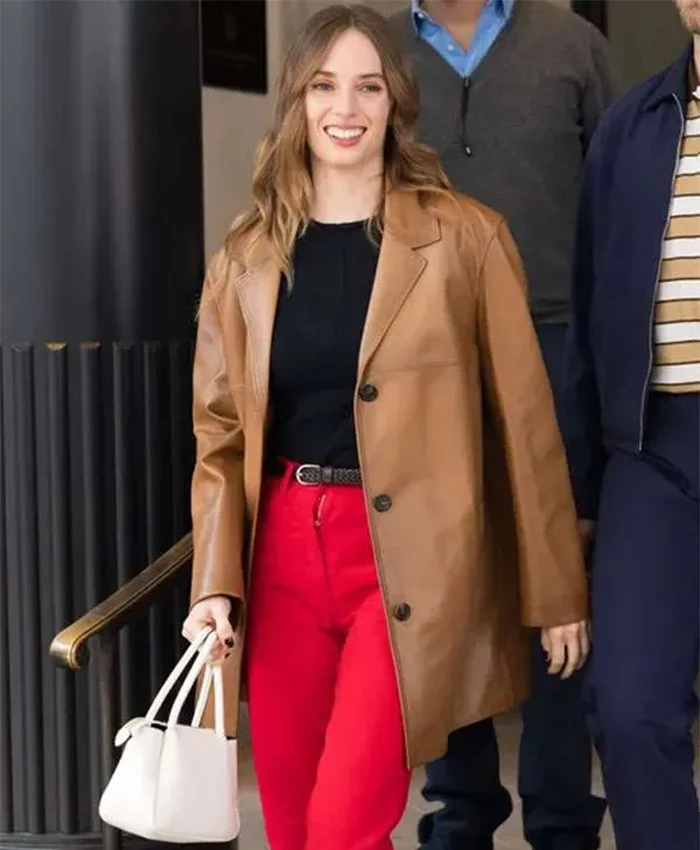 Maya Hawke Milan Fashion Week Brown Leather Coat Front
