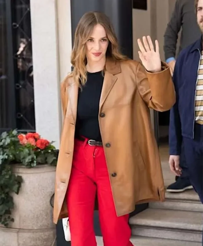 Maya Hawke Milan Fashion Week Brown Leather Coat