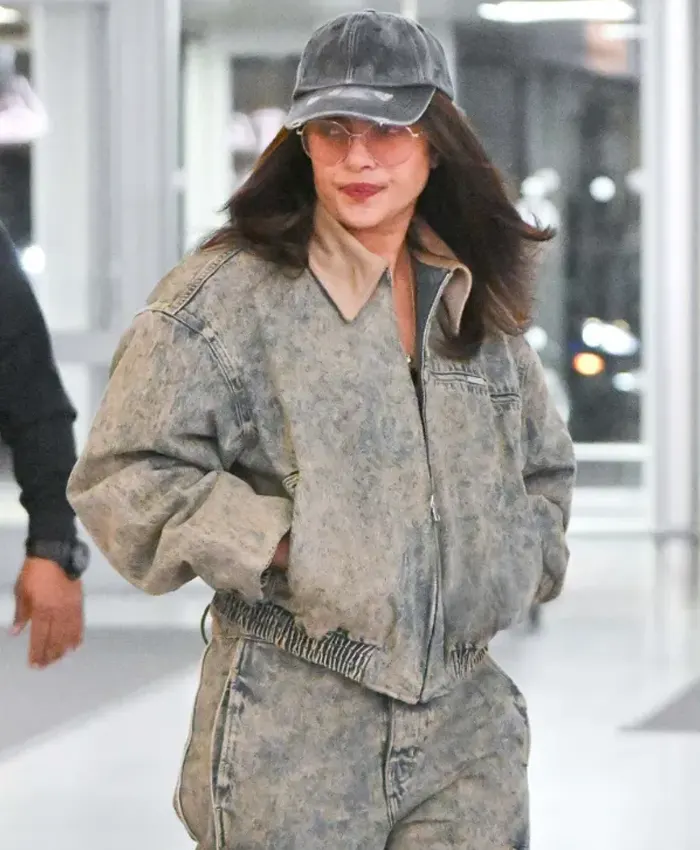 Priyanka Chopra NYC 2026 Contrast Grey Collar Oversized Denim Bomber Jacket