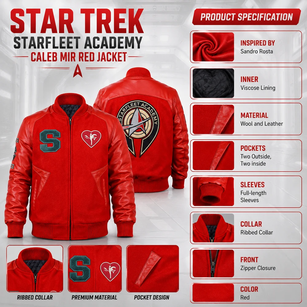 Star Trek Starfleet Academy Caleb Mir Red Jacket Infographic