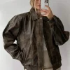 90’s Women Vintage Distressed Oversized Brown Leather Bomber Jacket