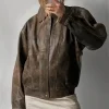 90’s Women Vintage Distressed Oversized Brown Leather Bomber Jacket For Sale
