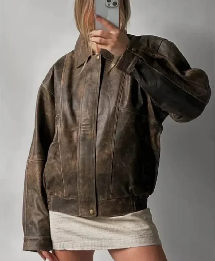 90’s Women Vintage Distressed Oversized Brown Leather Bomber Jacket For Sale