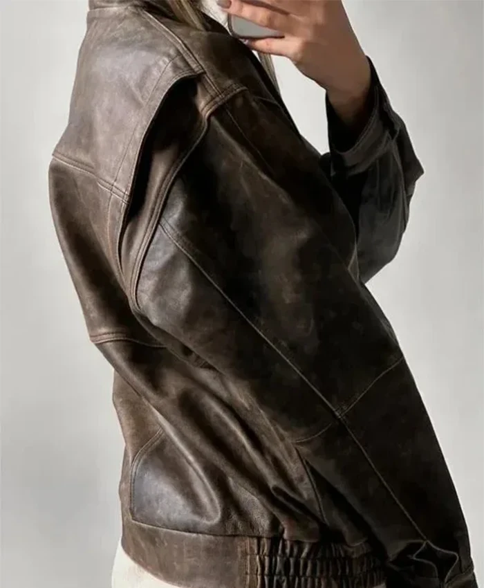 90’s Women Vintage Distressed Oversized Brown Leather Bomber Jacket Side