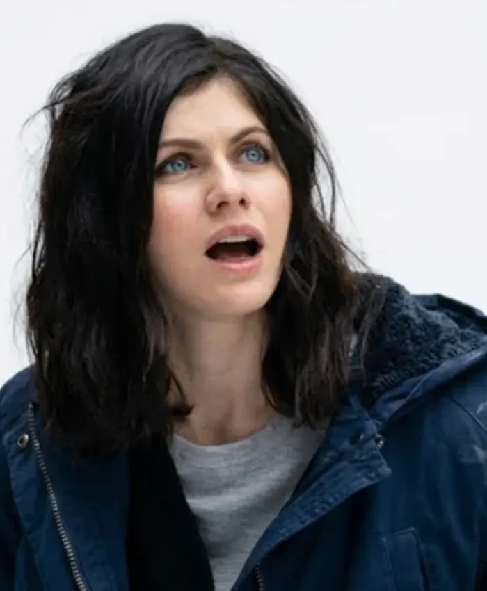 Alexandra Daddario Couples Weekend Blue Hooded Jacket Close up