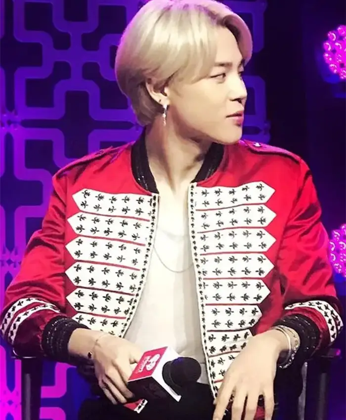 Park Jimin red bomber jacket with ribbed cuffs
