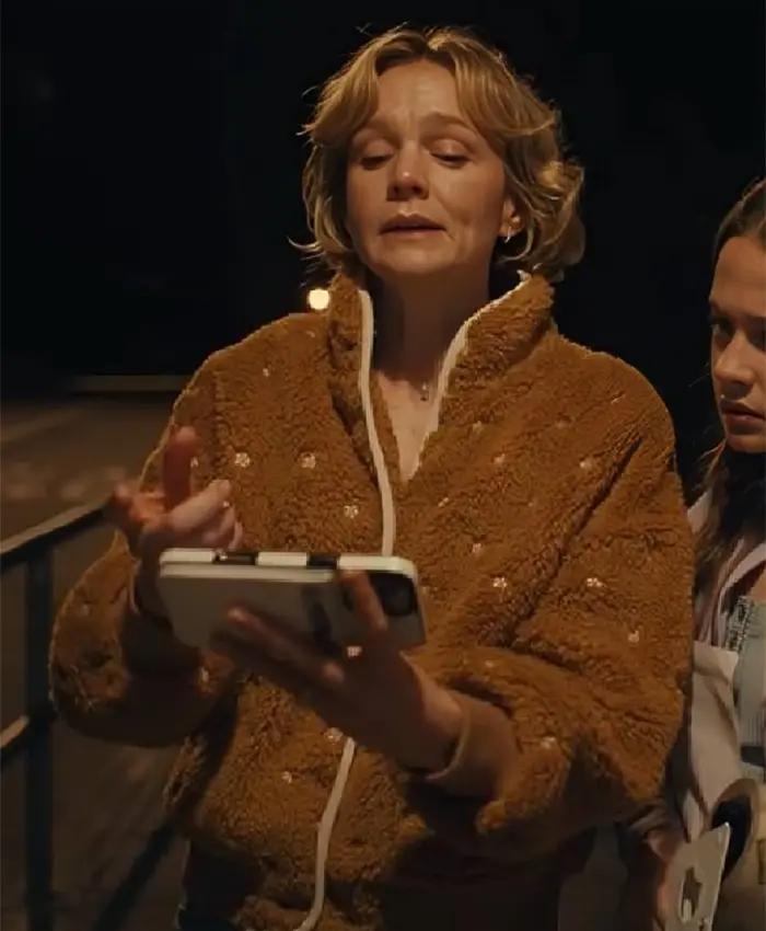 Beef S02 Carey Mulligan Brown Sherpa Floral Jacket