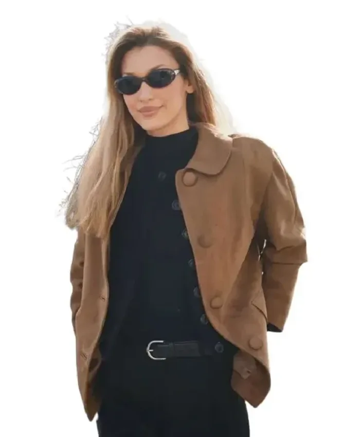 Bella Hadid MFW 2026 Brown Suede Jacket Front