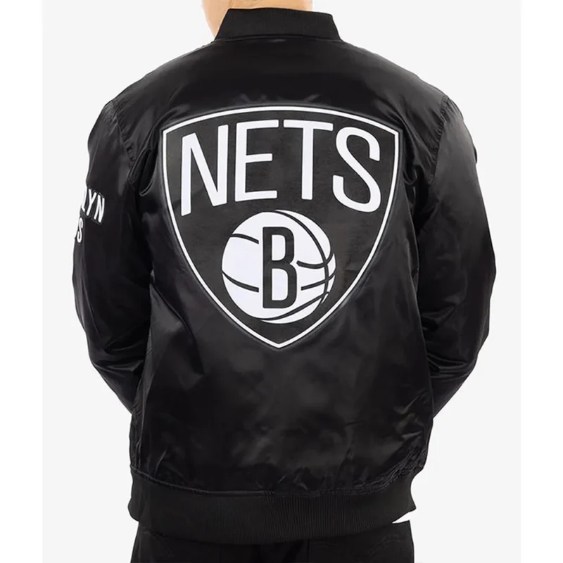 Brooklyn Nets Black Satin Bomber Jacket For Sale