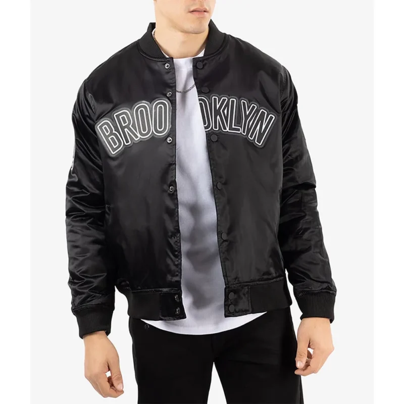 Brooklyn Nets Black Satin Bomber Jacket