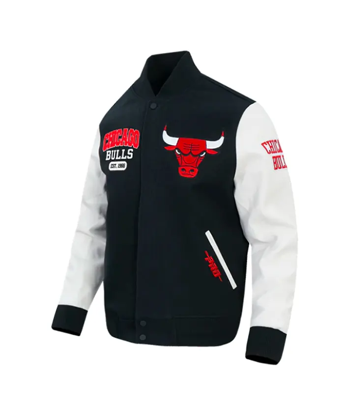 Chicago Bulls City Arch Black and White Varsity Jacket Front