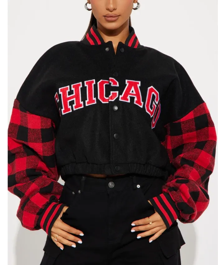 Chicago Women Cropped Black Varsity Jacket Front