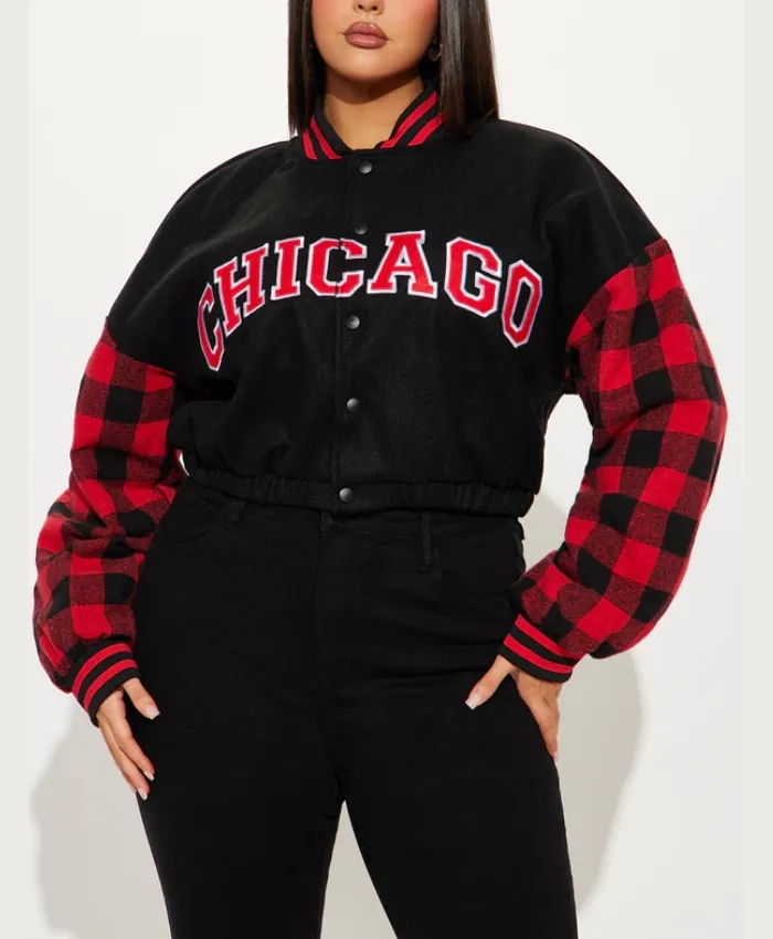 Chicago Women Cropped Black Varsity Jacket