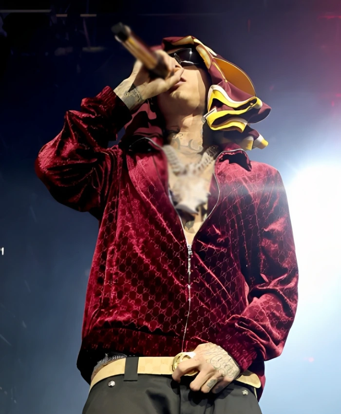 Coachella 2026 Central Cee Red Velvet Jacket Front