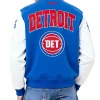 Detroit Pistons City Arch Royal and White Varsity Jacket Back