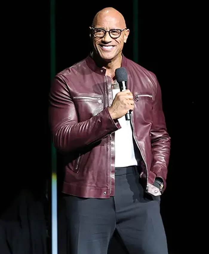 Dwayne The Rock Johnson CinemaCon 2026 Burgundy Motorcycle Leather Jacket
