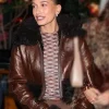 Hailey Bieber Brown Fur Leather Jacket