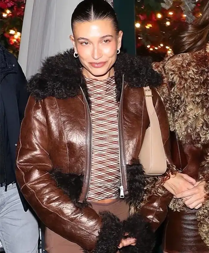 Hailey Bieber Brown Fur Leather Jacket For Sale