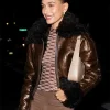 Hailey Bieber Brown Fur Leather Jacket Front
