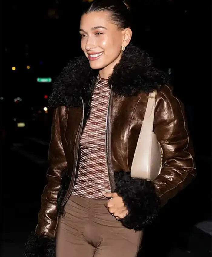 Hailey Bieber Brown Fur Leather Jacket Front