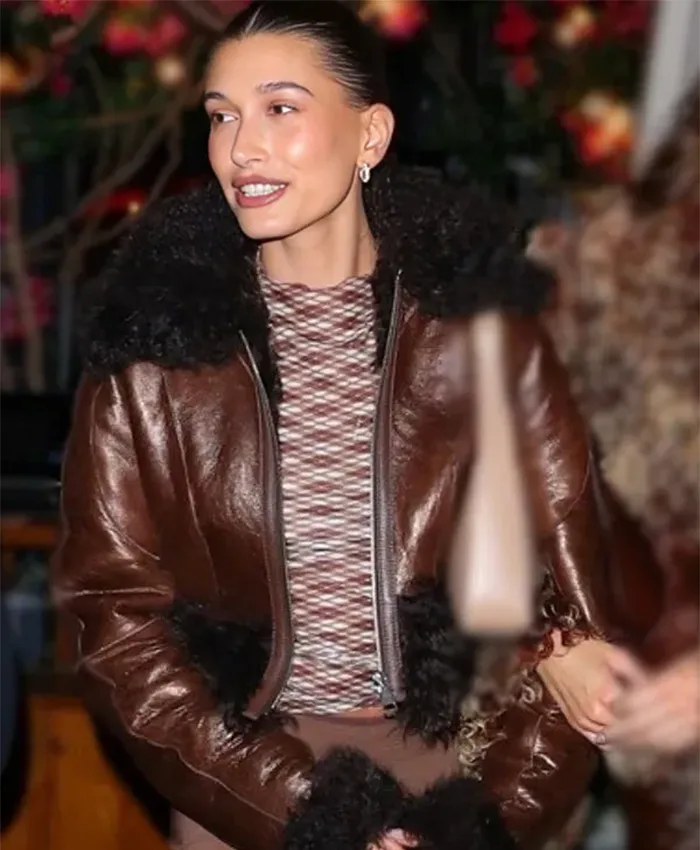 Hailey Bieber Brown Fur Leather Jacket
