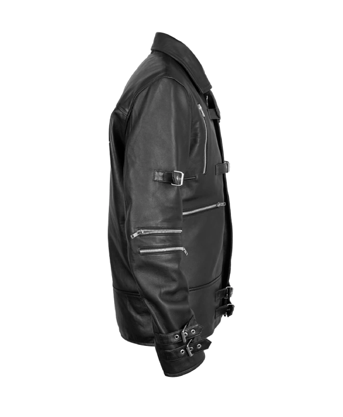 Jaafar Jackson Michael black belted leather jacket with zippered closure