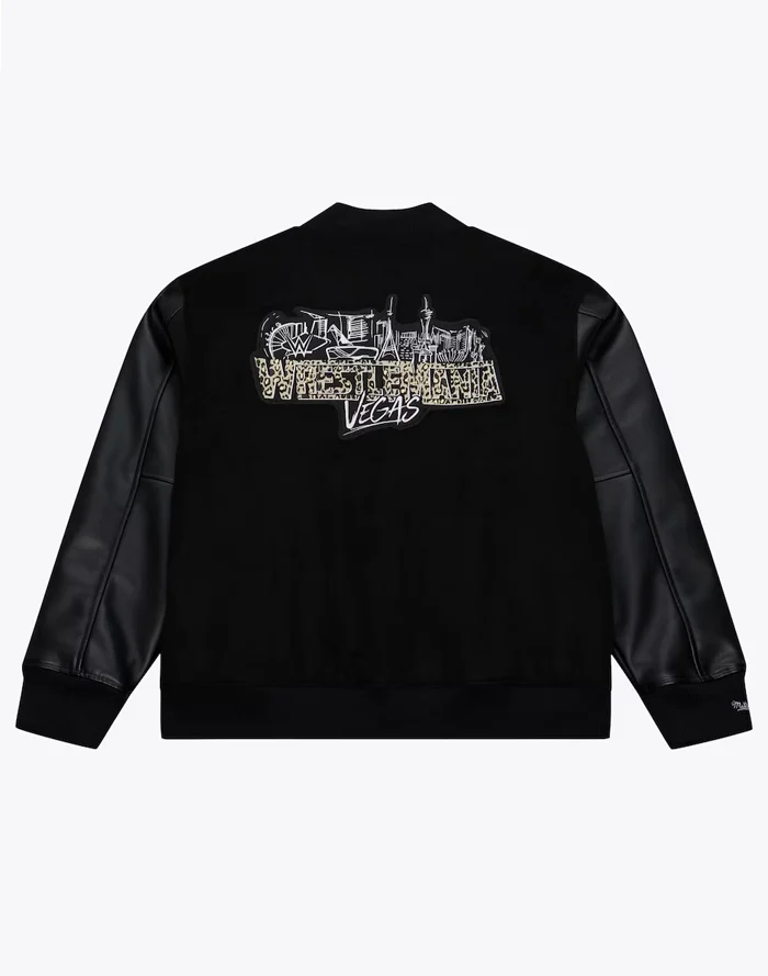 Las Vagas WrestleMania 42 Mitchell & Ness Black Letterman Jacket Back