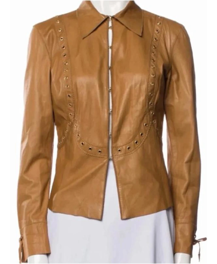 Big Mistakes Laurie Metcalf brown grommet leather jacket